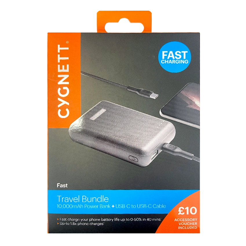 Cygnett Fast Charging travel bundle 10000mAh Power Bank Cable USB-C a Lightning Negro