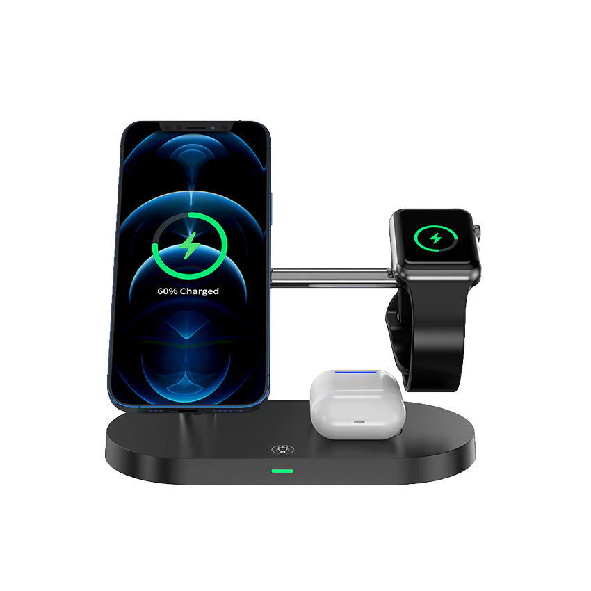 5-In-1 Magnetic Fast Wireless Charger Black front view with phone, watch and airPod on charging