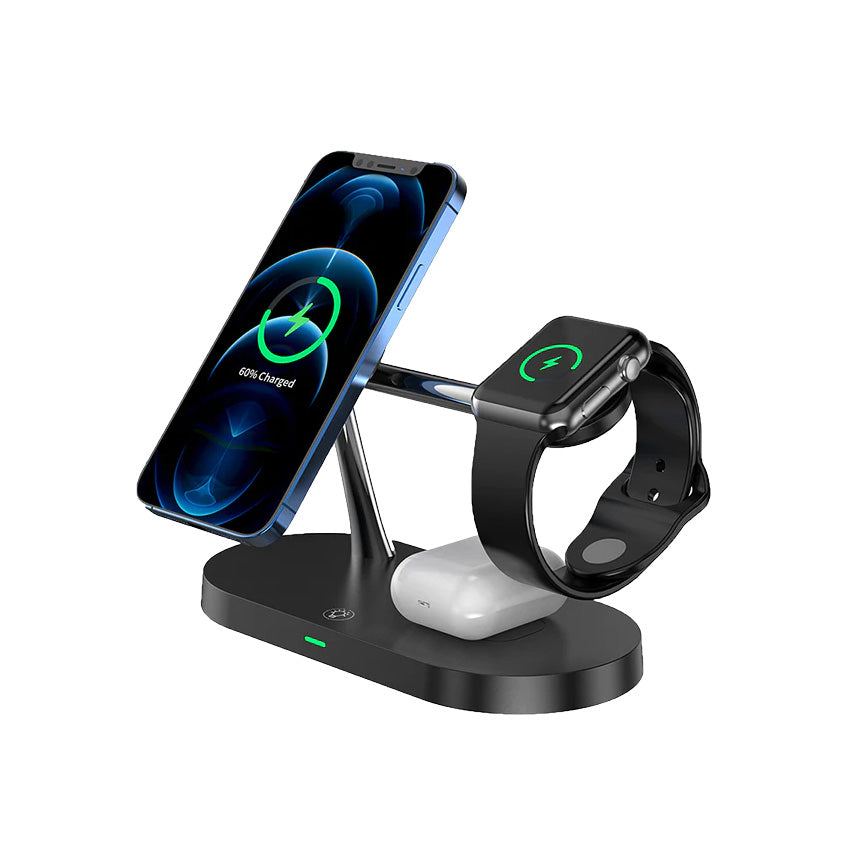 5-In-1 Magnetic Fast Wireless Charger Black side view with phone, watch and airPod on charging